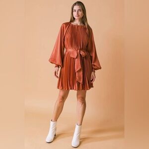 NWT Boutique Grace Pleated Long Sleeve Dress – Rust